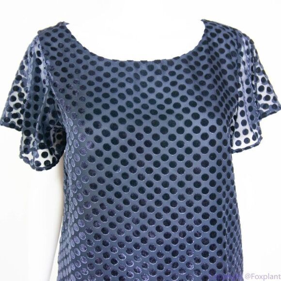 Loft flutter-sleeve navy blue top with dots keyhole back, women size S - Picture 2 of 16